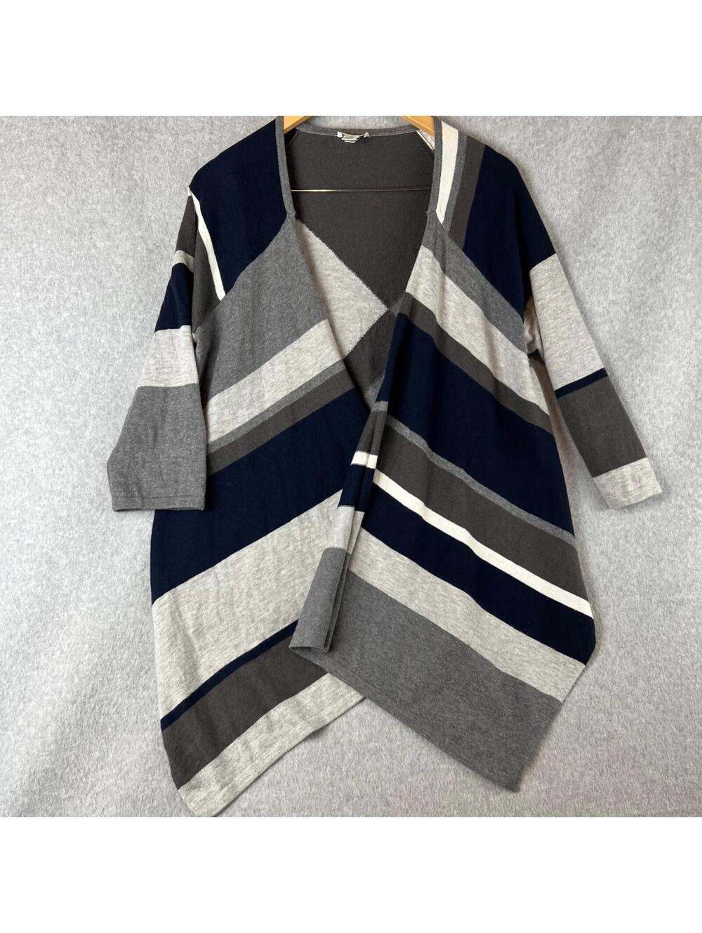 Chicos Womens Open Front Cardigan Sweater  L/ 2  Gray 3/4 Sleeve Knit